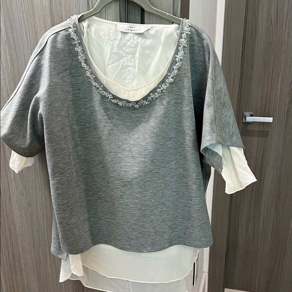 $395 ROBERT RODRIGUEZ jeweled crewneck layered sweatshirt silk top M
